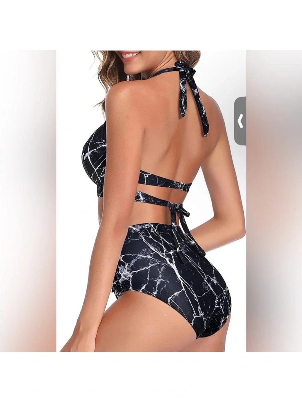 NWT! Women’s Flattering Black Marble Bikini - Halter & High Waist Bottoms Sz L - Picture 2 of 8